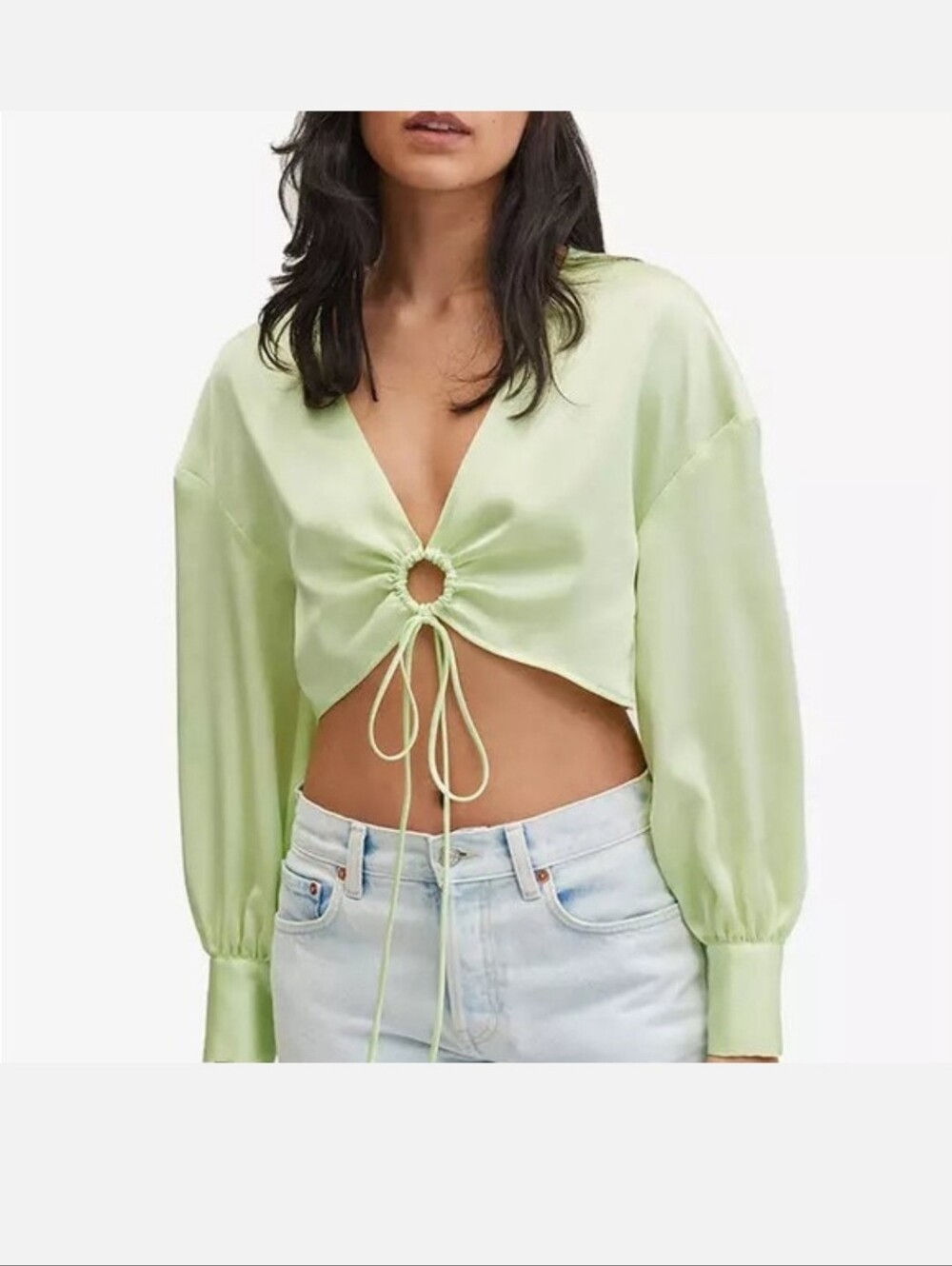Mango MNG Pastel Green Tie-Front Crop Blouse Small 4